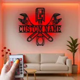 Custom LED Mechanic Sign | Metal Piston & Wrenches Wall Art | Personalized Garage Decor | Auto Shop Lighted Gift