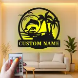 Décoration murale en métal personnalisée avec scène de plage de dauphins et rétroéclairage LED - Cadeau pour amoureux de l'océan - Décor côtier