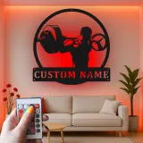Custom Weightlifter Led Light Metal Wall Art Gym Enthusiast Gift Fitness Room Personalized Decor