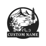 Custom Mountain Metal Wall Art | Personalized LED Name Sign with Floral Scene | Cabin Decor & Outdoor Lover Gift