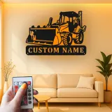 Décoration murale en métal personnalisée avec bulldozer rétroéclairé - Cadeau de construction pour lui - Décor de garage ou d'atelier