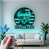 Décoration murale en métal personnalisée avec bulldog et drapeau américain éclairée LED - Cadeau patriotique pour les amoureux des chiens