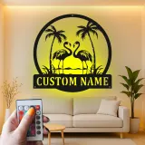 Cartel de metal LED de flamenco | Cartel tropical personalizado | Decoración de casa de playa y salón a medida | Luz de palmera costera
