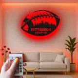 Décoration murale en métal football personnalisée | Enseigne LED personnalisée avec skyline de ville pour salle de jeux | Cadeau pour fan de sport