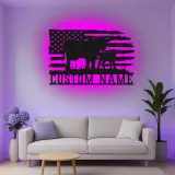 Personalisierte Kuh-und-Kalb LED-beleuchtete Metall-Wandkunst mit amerikanischer Flagge – Landhausgeschenk für Landwirte, rustikale Wohndeko