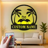 Panneau LED Couple Flamant Rose Personnalisé | Art mural en métal | Décor de maison de plage tropical pour cadeau d'anniversaire