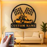 Enseigne métal pilote de karting personnalisée | Décoration murale LED pour garage | Cadeau fan de course | Déco man cave et salle de course