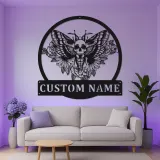 Cartel LED de polilla de cabeza de muerte personalizado | Arte mural gótico de metal | Decoración de hogar personalizada para brujas