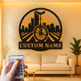 Custom Unicycle Cityscape Led Light Metal Wall Art Unique Gift for Cyclists Urban Decor for Living Room
