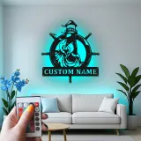 Custom Lighthouse Metal Sign | LED Nautical Wall Art | Personalized Ship Wheel Decor for Beach House | Maritime Gift