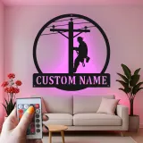 Arte da Parete in Metallo LED per Lineman | Insegna Personalizzata per Lavoratore di Pubblica Utilità | Regalo Personalizzato per Elettricista per Garage | Decorazione per Man Cave