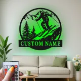 Custom Skiing Led Light Metal Wall Art Personalized Gift for Skiers Mountain Lodge Decor