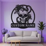 Insegna LED in metallo con teschio gotico | Arte da parete personalizzata con serpente e rose | Arredo su misura per studio tattoo e man cave