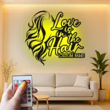 Custom Hairstylist LED Sign | Personalized Metal Wall Art for Salon Decor | Love is in the Hair Light Up Nameplate