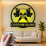 Tattoo Shop LED Sign | Personalized Skull Metal Art for Studios | Custom Tattoo Artist Name Wall Decor