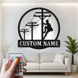 Décoration murale LED en métal pour lineman | Plaque prénom personnalisée pour électricien | Déco pour technicien de ligne