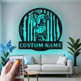 Cartel de metal personalizado con luz LED de culturista y bandera americana, regalo de fitness para entusiastas del gimnasio, decoración de gimnasio en casa