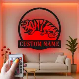 Décoration murale en métal personnalisée avec éclairage LED Chameleon pour les amoureux des reptiles - Cadeau unique pour la chambre