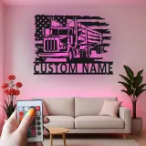 Décoration métal camion de grumes personnalisée | Plaque prénom camionneur avec LED | Décor man cave drapeau américain | Cadeau patriotique
