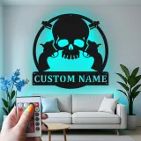Personalized Skull & Revolvers LED Sign | Custom Metal Name Art for Man Cave | Western Gunslinger Wall Decor for Him