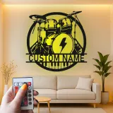 Personalisierte LED-Metall-Wandkunst mit Drumset – Musiker-Geschenk für Musikstudio oder Bandraum