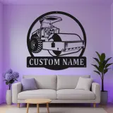 Enseigne de construction Rouleau de route | Décoration murale en métal LED personnalisée | Décor de machines lourdes pour garage ou bureau