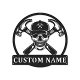 Insegna in metallo LED con teschio e mazze | Regalo personalizzato per lavoratori edili | Arte murale per man cave e garage