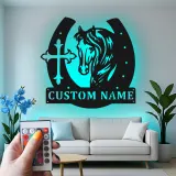 Letrero personalizado de caballo y herradura | Decoración mural LED de metal | Decoración ecuestre a medida para casa de campo | Regalo cristiano para amantes de los caballos