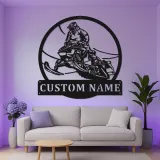 Insegna in metallo per pilota di motoslitta personalizzata | Arte murale LED | Regalo per sport invernali per garage e man cave