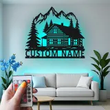 Custom Mountain Cabin Led Light Metal Wall Art Personalized Housewarming Gift Rustic Living Room Decor