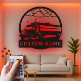 Personalized Trucker LED Sign | Custom Semi Truck Metal Wall Art | Big Rig Silhouette for Man Cave | Gift for Driver