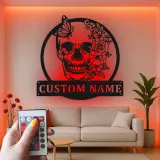 Floral Skull LED Metal Sign | Personalized Gothic Wall Art | Custom Name Decor for Bedroom, Studio & Living Room