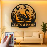 Swan Metal Wall Art with LED | Custom Name Sign for Home | Personalized Wildlife Pond Decor | Elegant Housewarming Gift