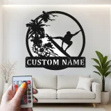 Custom Surfer Metal Wall Art | Personalized LED Beach House Decor | Tropical Wave Silhouette Sign | Gift for Ocean Lovers