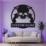 Insegna personalizzata con teschio e revolver | Arte murale in metallo LED | Decorazione per man cave personalizzata e regalo per appassionati di armi