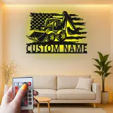 Décoration murale LED en métal Excavatrice | Panneau de chantier personnalisé | Déco d’engin lourd pour garage | Cadeau patriotique pour entrepreneur