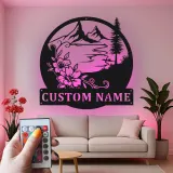 Custom Mountain Metal Wall Art | Personalized LED Name Sign with Floral Scene | Cabin Decor & Outdoor Lover Gift