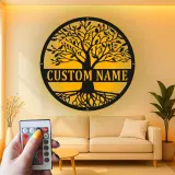 Art Mural LED Arbre de Vie | Panneau de Nom de Famille Personnalisé | Décor Métal Personnalisé pour Entrée | Cadeau de Crémaillère pour Couples