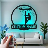 Panneau LED en métal pour lineman | Cadeau personnalisé pour électricien | Décoration murale avec nom sur mesure pour man cave | Déco pour professionnel des services publics
