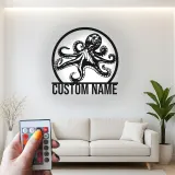 Décoration murale LED en métal pieuvre personnalisée | Plaque avec nom sur mesure | Déco nautique pour bureau et maison côtière | Cadeau pour amoureux de l’océan