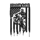 Personalized Motocross Metal Sign | LED American Flag Wall Art | Custom Dirt Bike Decor for Garage, Man Cave & Race Fans
