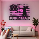 Personalisierte Bogenschießen Amerikanische Flagge LED Licht Metall Wandkunst Einzigartiges Geschenk für Bogenschützen Man Cave oder Garagen Dekor