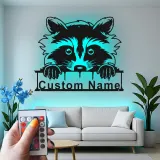 Panneau Métallique Raton Laveur Personnalisé | Plaque de Nom Rétroéclairée pour Nursery | Décor de Chambre d'Enfant Animaux de la Forêt
