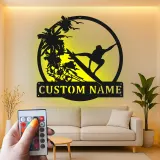 Custom Surfer Metal Wall Art | Personalized LED Beach House Decor | Tropical Wave Silhouette Sign | Gift for Ocean Lovers