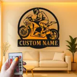 Décoration murale en métal LED personnalisée pour coureur de moto - Cadeau pour motards, décoration de garage ou de man cave