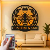 Custom Bee with Crown Led Light Metal Wall Art Personalized Gift for Nature Lovers Living Room or Garden Decor