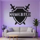Cartel de metal personalizado con escudo y espada | Decoración mural LED con nombre a medida para sala de juegos | Decoración medieval guerrera para dormitorio juvenil