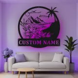 Décoration murale en métal personnalisée avec rétroéclairage LED Paysage Tropical - Cadeau pour Maison de Plage - Décor de Salon Côtier