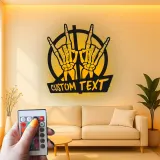 Insegna Rock On con Mani Scheletriche | Arte in Metallo LED Personalizzata | Targa per Amanti della Musica e Decorazione Gotica