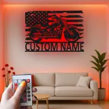 Insegna in metallo personalizzata con bandiera americana e luce LED regalo per motociclisti decorazione per garage